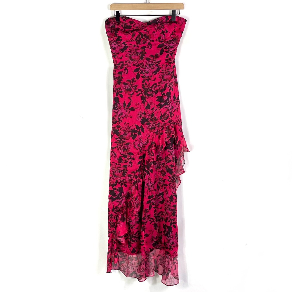 Amanda Uprichard Eden Gown Strapless Maxi Dress Floral Ruffle Pink Black Sz M - Picture 8 of 16